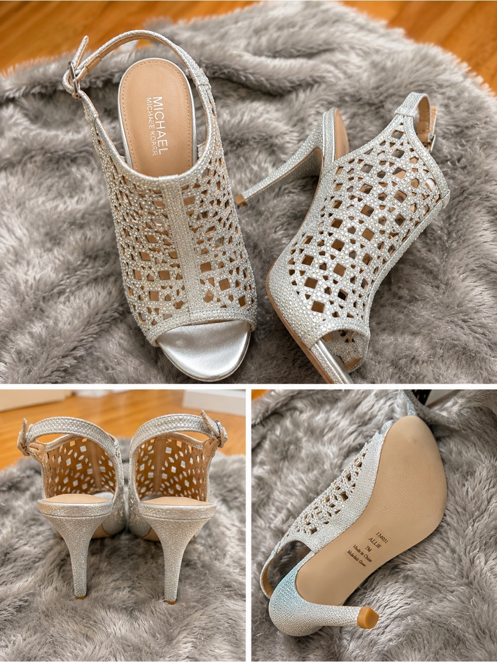 MICHAEL Michael Kors Silver Glitter Cutout Peep-Toe Slingback Heels